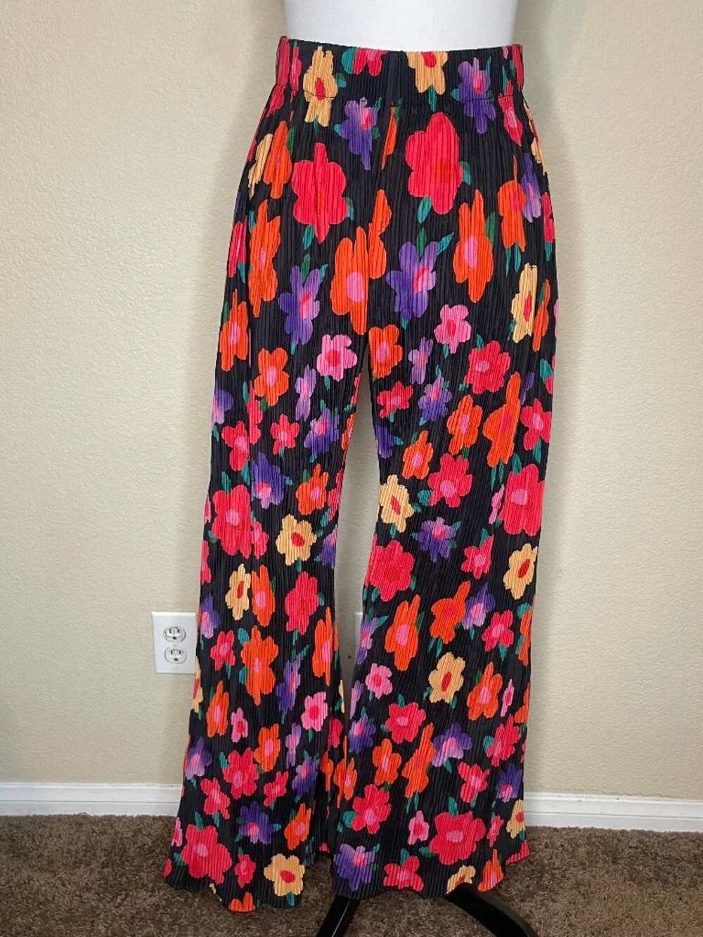 70s Retro Psych Floral Plisse Pleated 2 Piece Matching Pants Set M